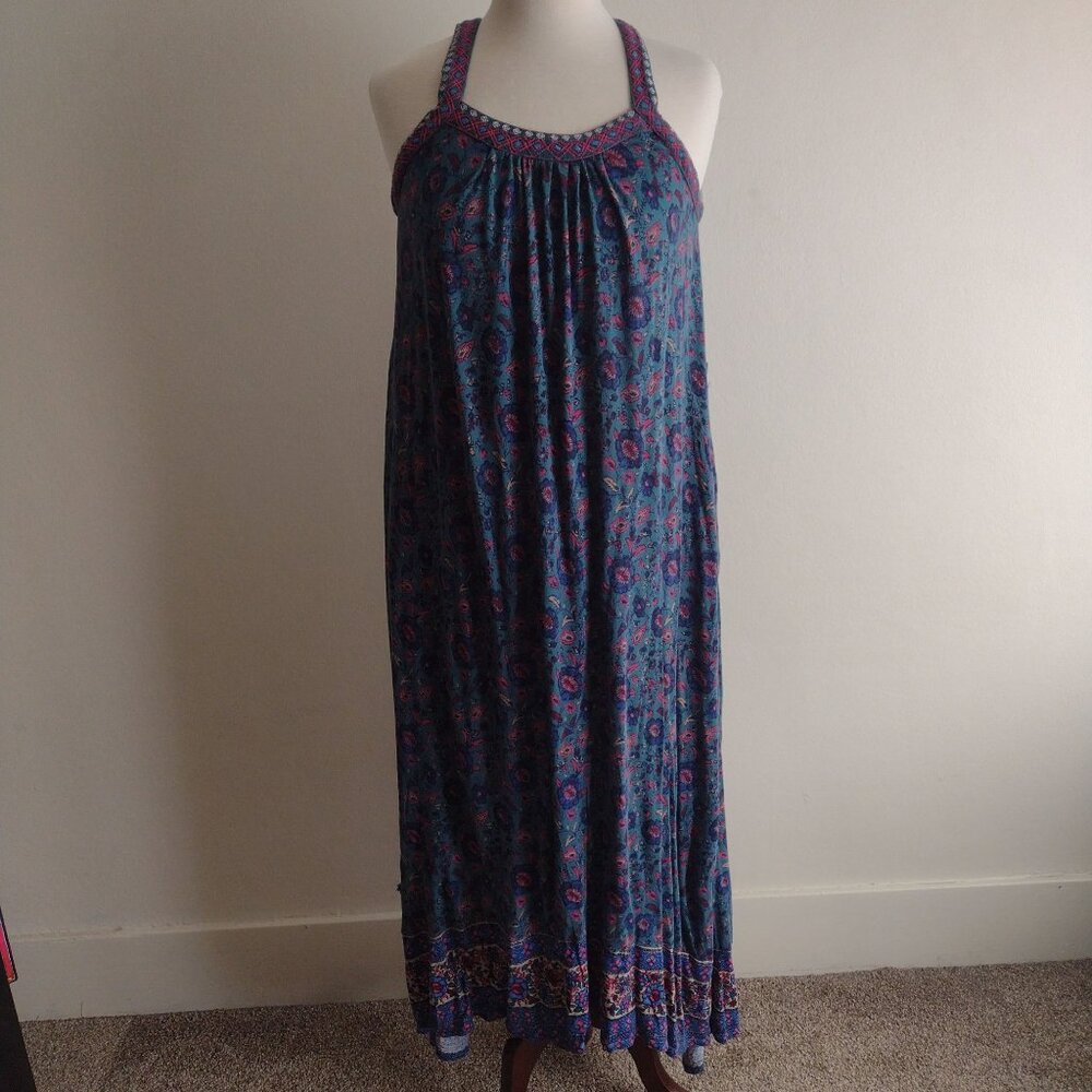 Lucky Brand Teal Floral Dress S Relaxed Knit Boho Jewel Tone Embroidered Maxi - Picture 6 of 12